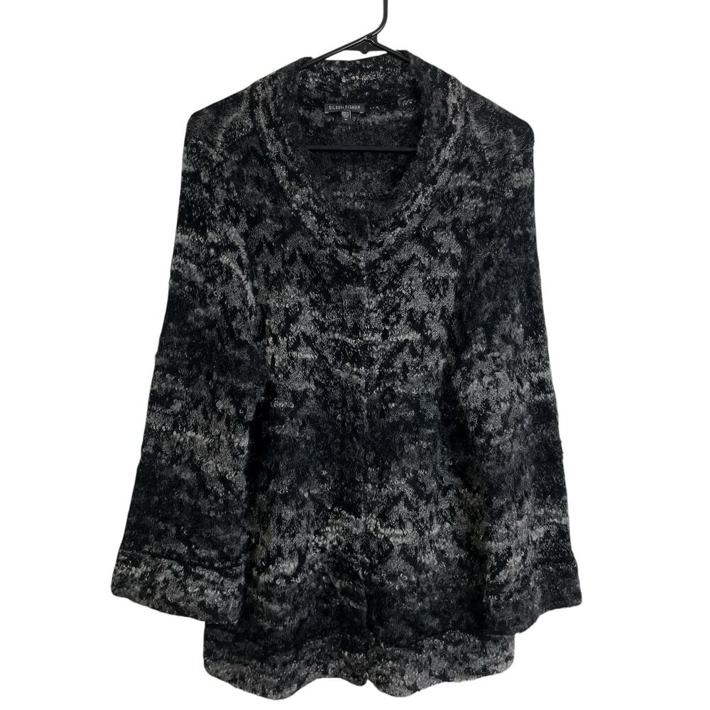 Eileen Fisher Wool Mohair Sweater Jacket Womens Medium Gray Black Boucle Knit